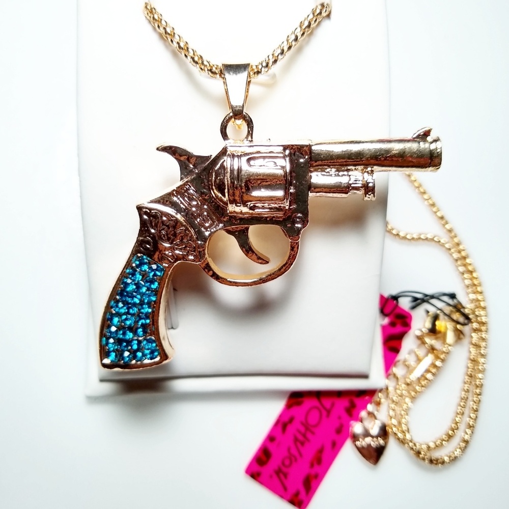 Pretty Betsey Johnson Teal Crystal Pistol Necklace